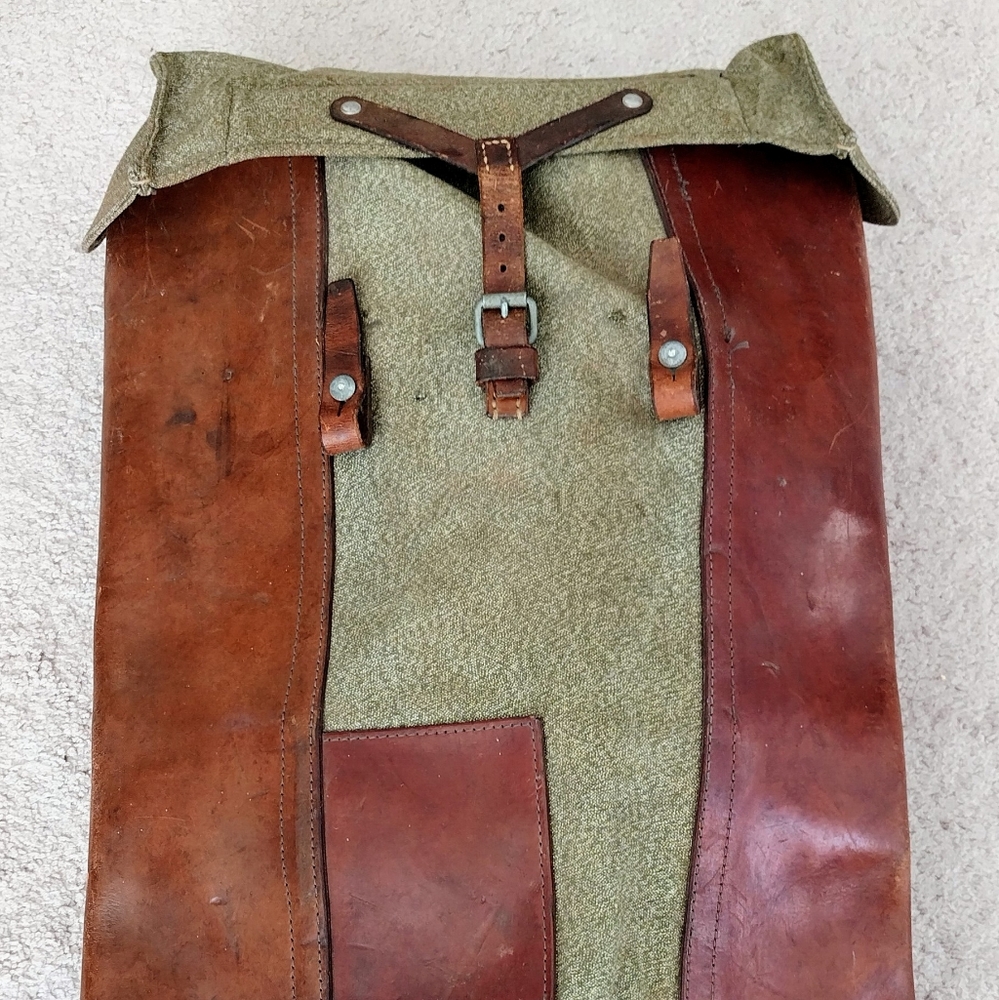 Vintage 60s 1967 era Swiss salt and pepper rucksack backpack leather